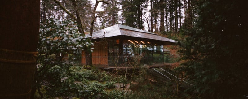 A modern, angular wooden cabin with large glass windows nestled among dense trees in a forest setting, surrounded by lush greenery. The structure is elevated and blends harmoniously with the natural environment.