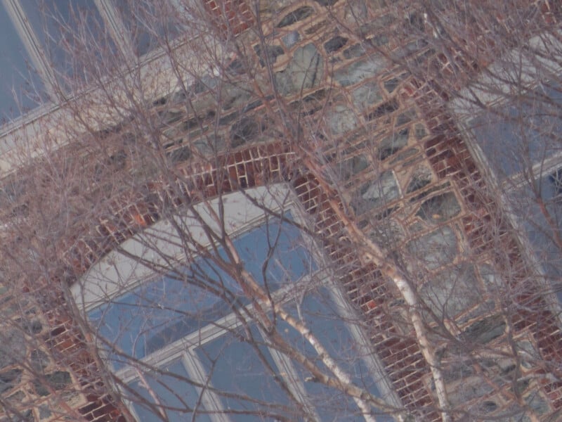 Close-up of a building facade with arched windows and detailed brickwork. Bare tree branches partially obscure the view, with windows reflecting the sky. The scene has a wintery atmosphere.