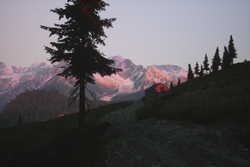 A solitary house sits on a hillside with a dirt path leading to it, surrounded by evergreen trees. Snow-capped mountains are visible in the background under a mostly clear sky at dusk or dawn, with soft pink and purple hues illuminating the scene.