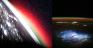 View from space showing Earth’s curved horizon with glowing red and green atmospheric layers, starry background, and city lights; on the right, colorful clouds and auroras light up the planet’s edge.