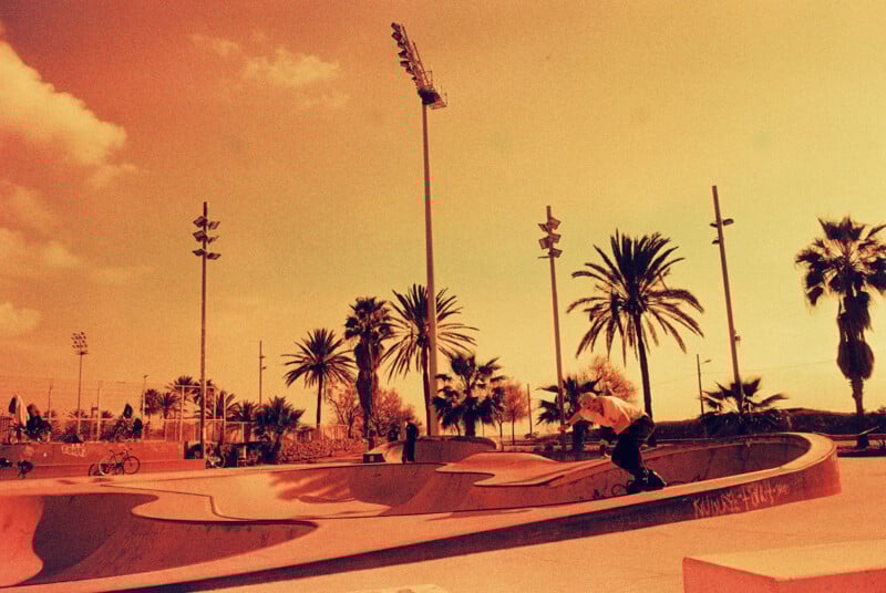 A person skateboards in a sunlit skatepark surrounded by palm trees. The sky is partly cloudy, and the image has a warm, orange tint. Tall floodlights stand around the area.