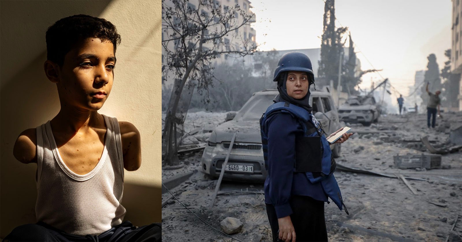 A boy with amputated arms sits in shadow on the left; on the right, a journalist in a helmet and vest stands amid rubble and destroyed cars in a war-torn urban area.